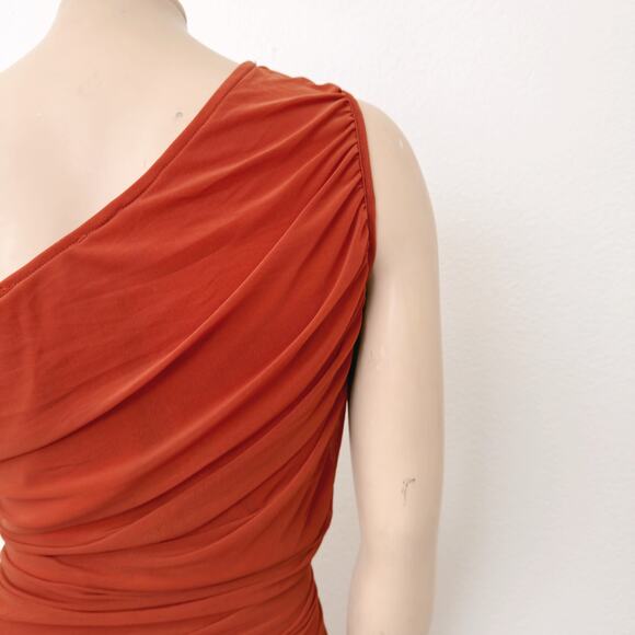 [PrettyGarden] Rust Red Ruched One Shoulder Mesh Bodycon Dress NWT Size Large L - Picture 9 of 12